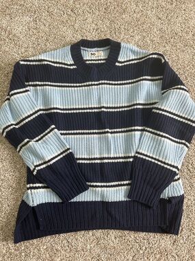 SO Women’s Navy, Light Blue & White Striped Crewneck Sweater
